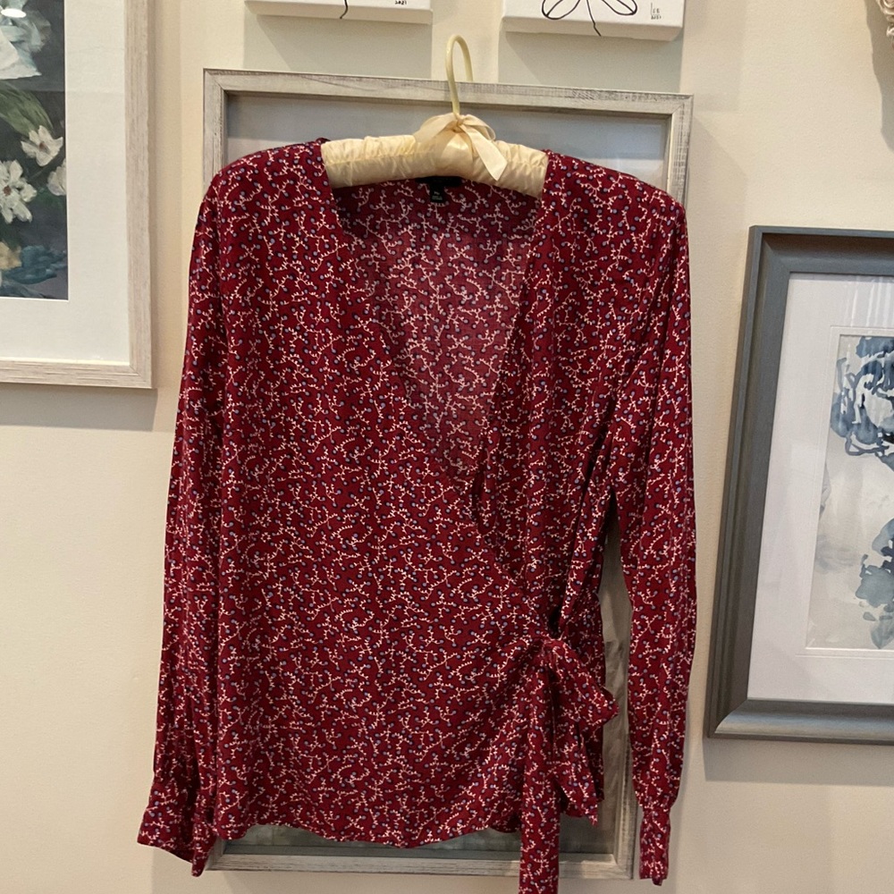Talbots brand wrap-around blouse, Medium Petite, elastic casing in back at waist